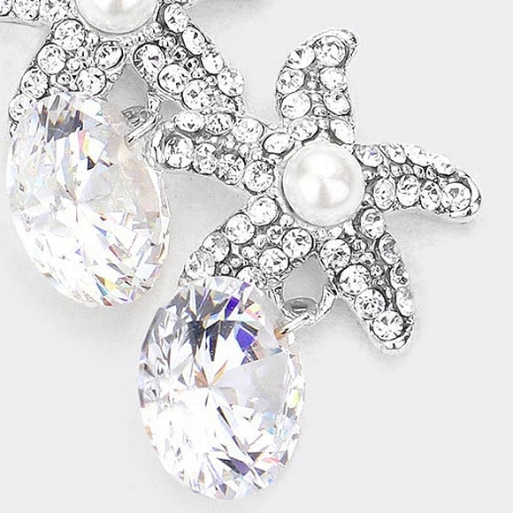 Silver Starfish Crystal Cubic Zirconia Stud Drop Earrings Jewelry - Picture 2 of 3